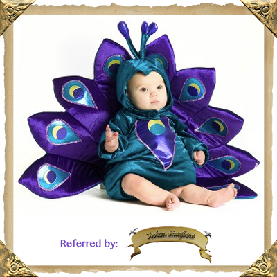 A Playful Peacock Halloween Costume for Toddlers and Infants. Available in sizes: 6/12 months, 12/18 months, and 18 months/2T.